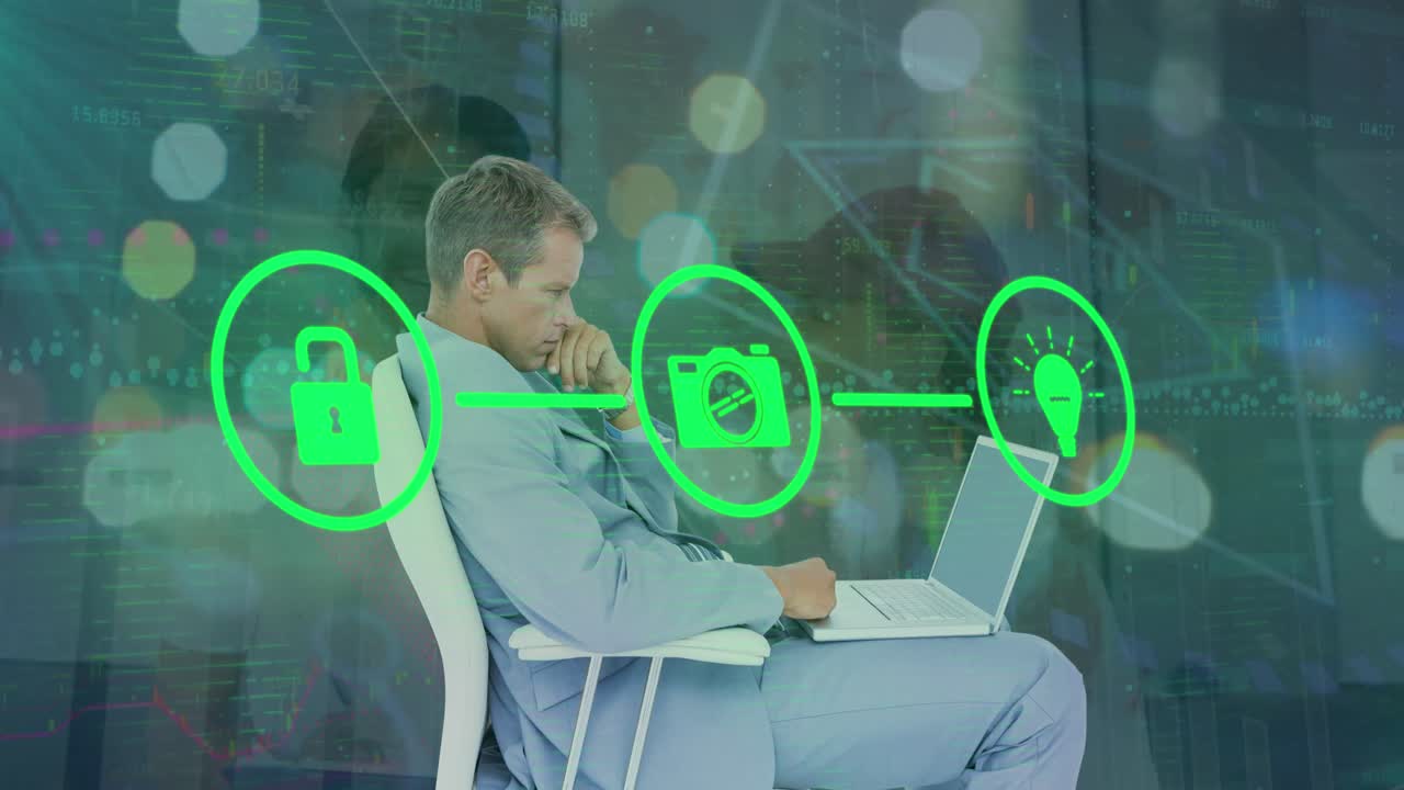 animación de la red de conexiones con iconos sobre empresario caucásico y personas diversas