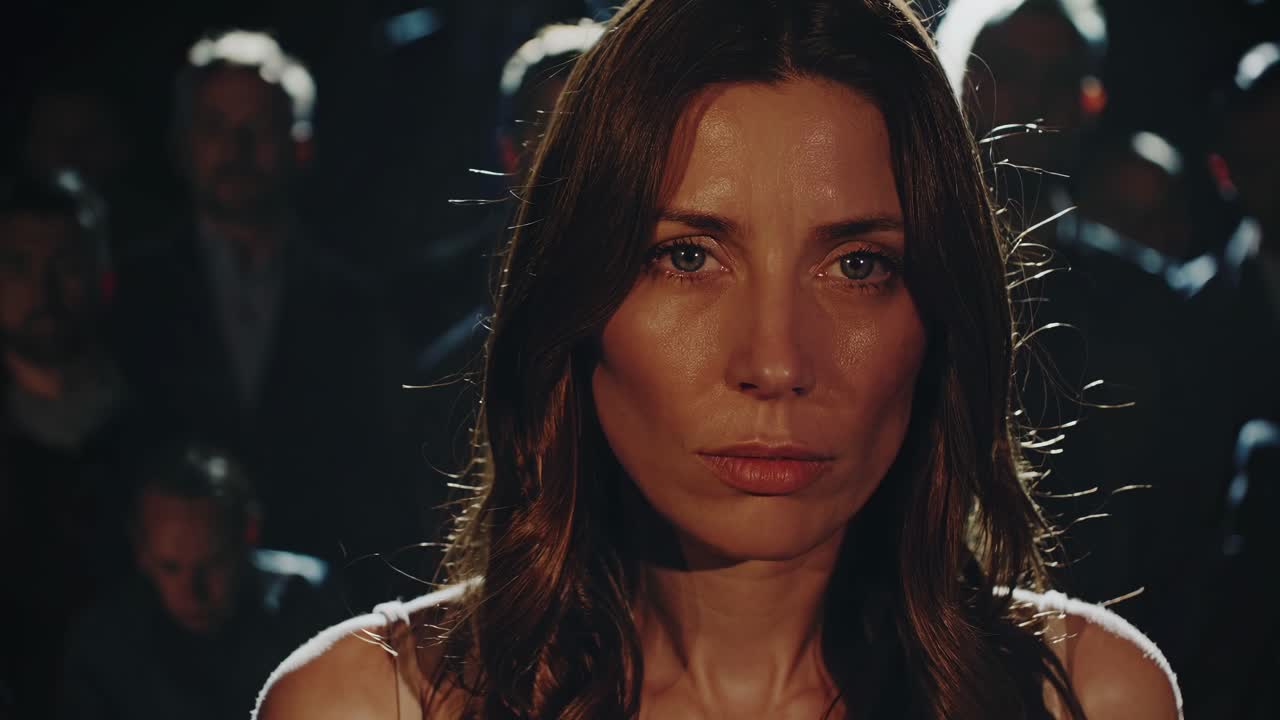 Silhouetted woman in spotlight facing camera, surrounded by shadowy figures