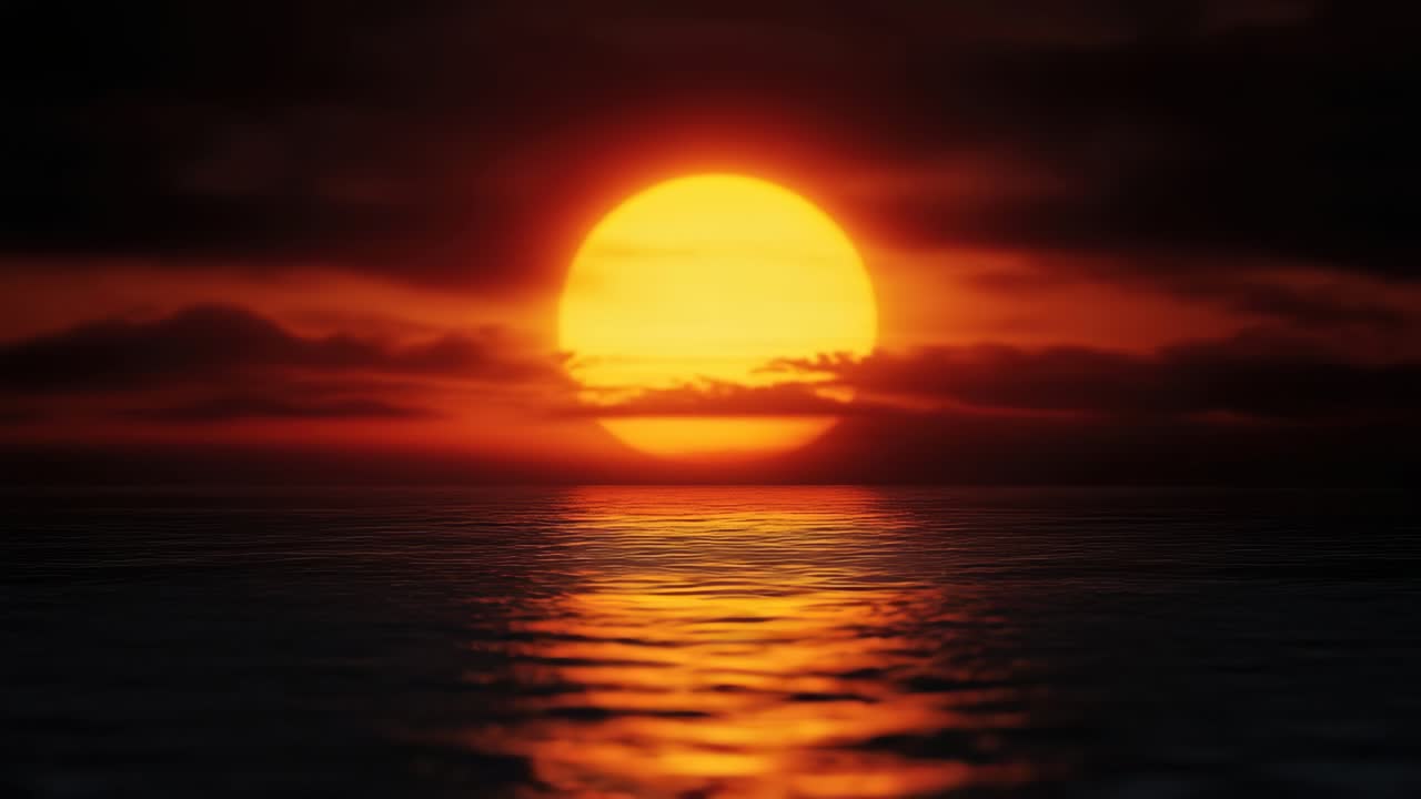 A serene sunset over the ocean with vibrant orange hues. The low-angle shot captures the sun's