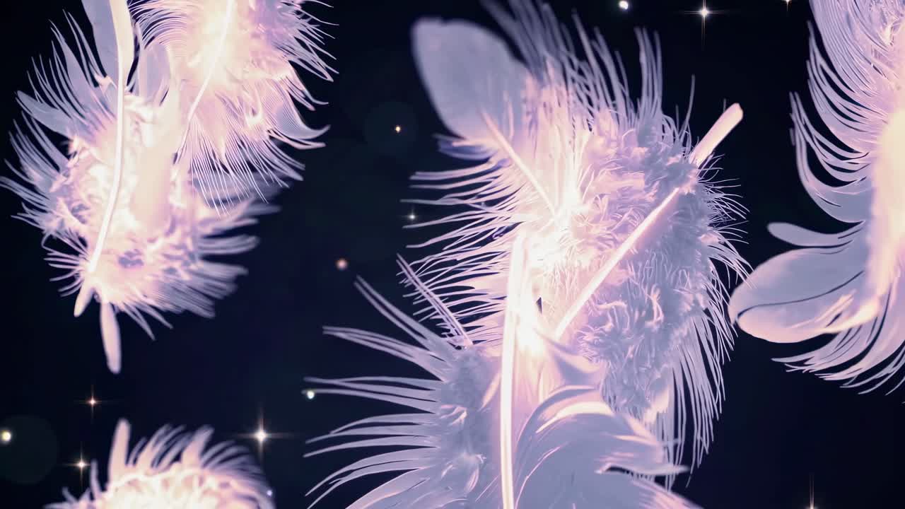 Close-up video of delicate white feathers floating in mid-air against a dark background