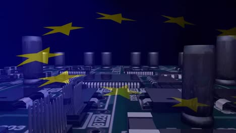 animation of flag of european union over computer motherboard