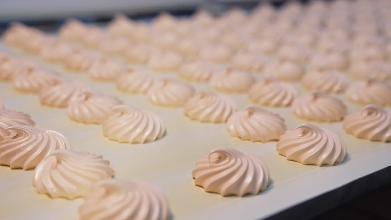 Ready-made creamy marshmallows move by the conveyor belt into the dryer. Marshmallow production on the confectionary factory. Close up.
