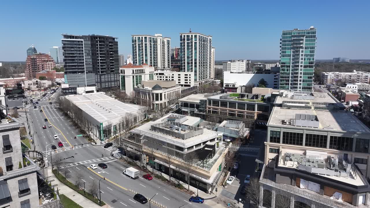 Upscale Buckhead neighbourhood with residential and commercial highrise buildings, Atlanta, Georgia, Peachtree Road, Aerial
