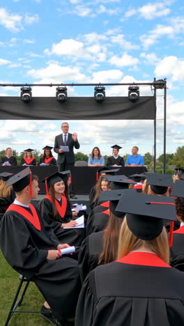 outdoor graduation ceremony with speaker and students