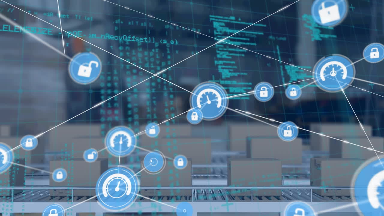 컨베이어 벨트에 있는 상자 위의 연결 네트워크와 아이콘의 애니메이션과 데이터 처리