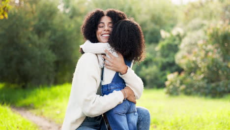 mother, love and hug in nature for embrace