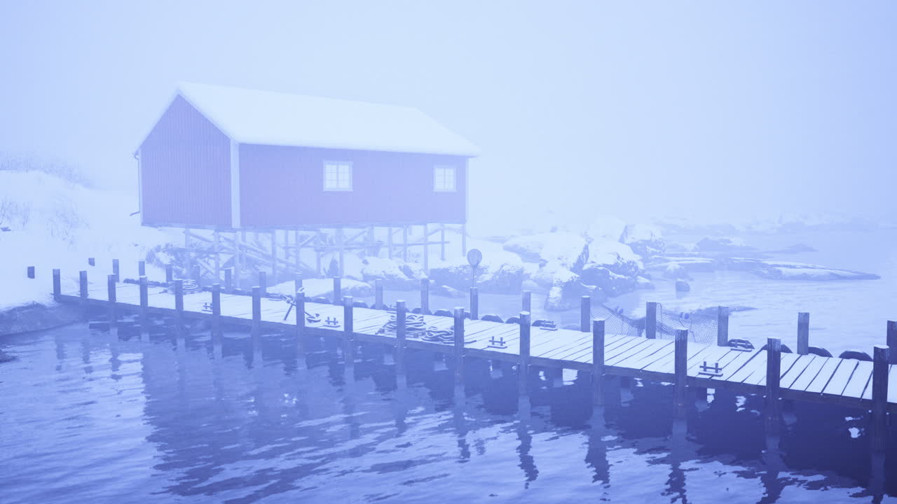 Winter landscape featuring a red cabin and foggy dock by the water