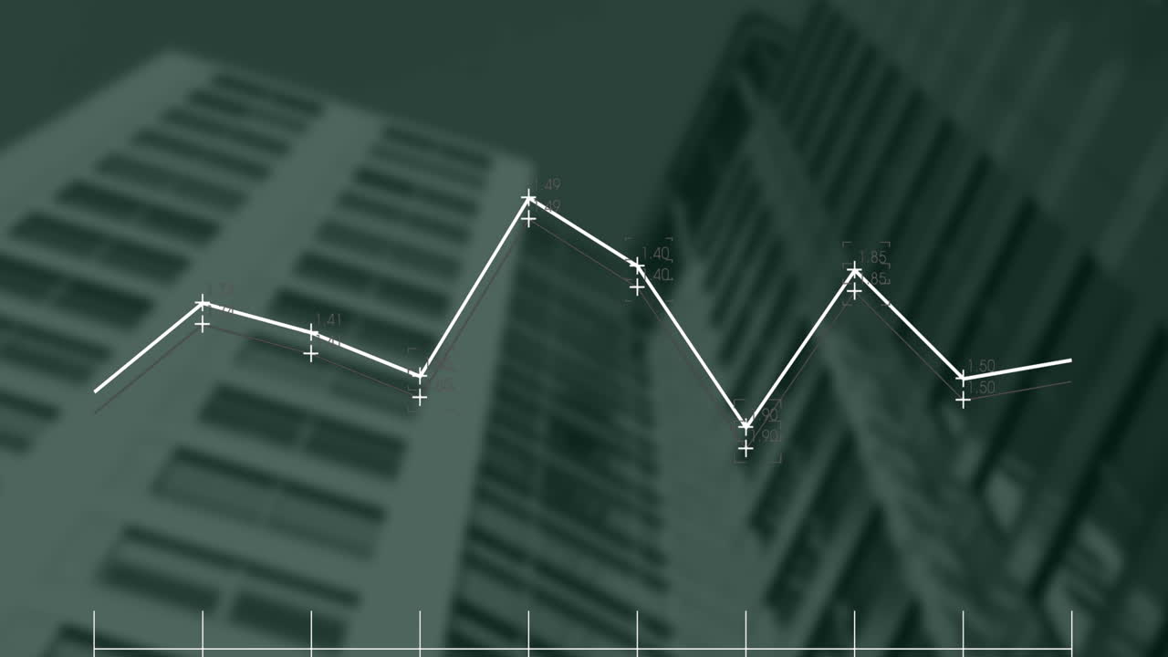 animación del procesamiento de datos estadísticos frente a una vista de ángulo bajo de edificios altos