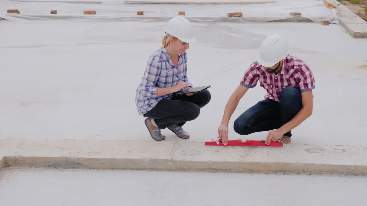 흰색 헬멧을 쓴 건축업자는 건설 4k 비디오에서 작업 기술 제어의 품질을 검사합니다.