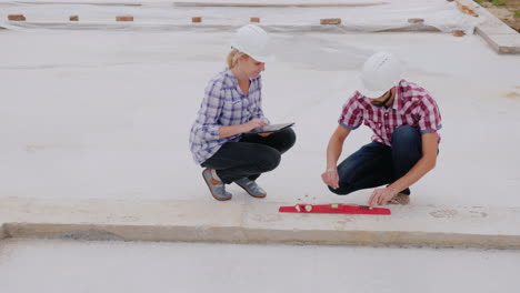 constructores con cascos blancos inspeccionan la calidad del control técnico del trabajo en el video de construcción 4k