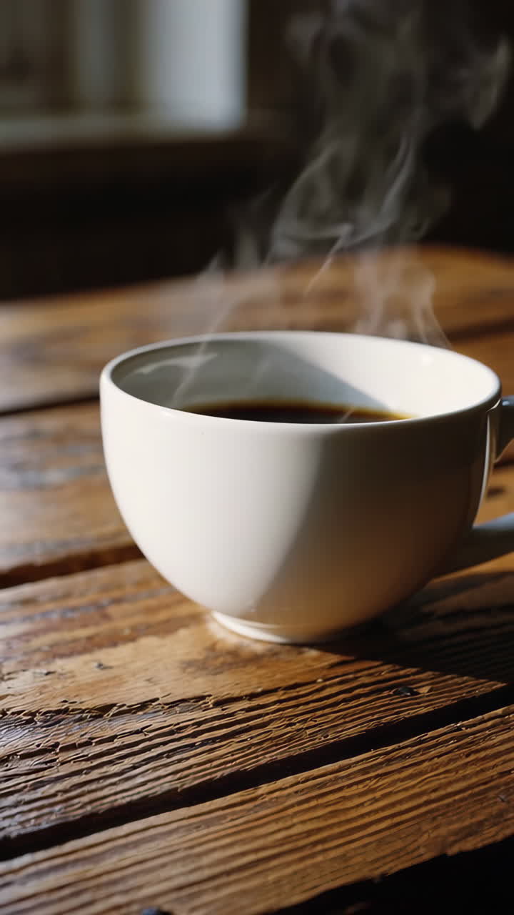나무 테이블 위에 뜨거운 커피