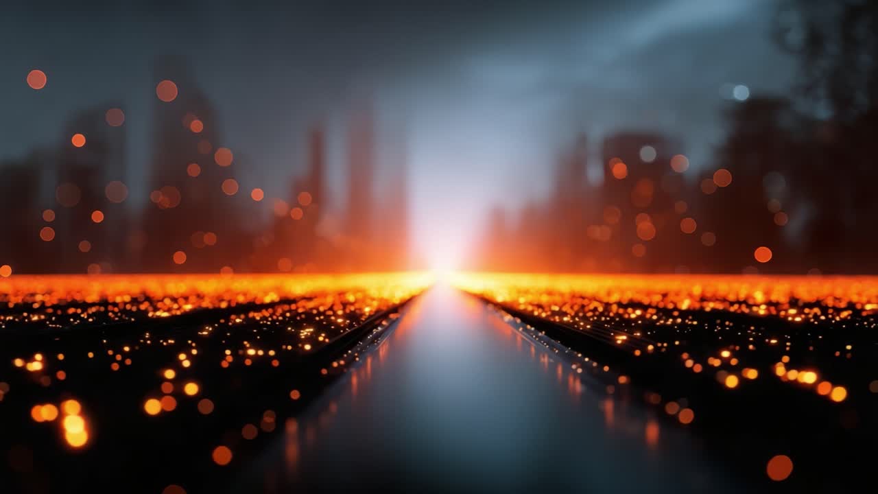 En fascinerende udsigt over en glødende sti gennem en futuristisk by, der er oplyst af glimtende orange lys og slørede konturer af tårnhøje bygninger