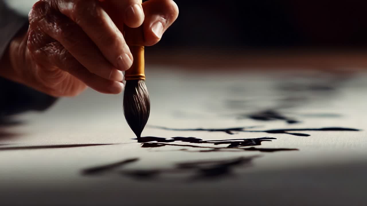 An Engaging Journey into the Art of Calligraphy: Capturing the Finely Detailed Technique of Brush Writing with Deep Focus on Hand Movements and Ink Application