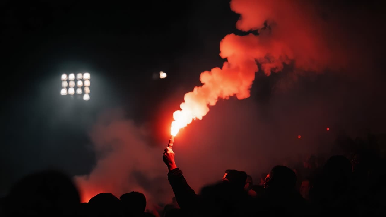 Spettacolare dimostrazione di passione e unità: un tifoso sventola un fumogeno in mezzo a un mare di fumo colorato creando un'atmosfera elettrica a un evento notturno