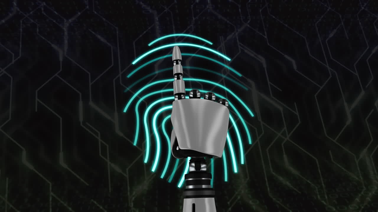 animación del procesamiento de datos sobre el brazo del robot y el fondo oscuro