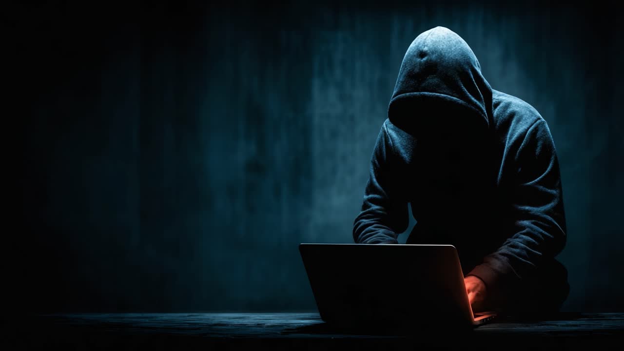 Una figura misteriosa con una felpa con cappuccio assorta in un laptop sotto un'illuminazione drammatica in un ambiente buio, fondendo tecnologia e intrigo