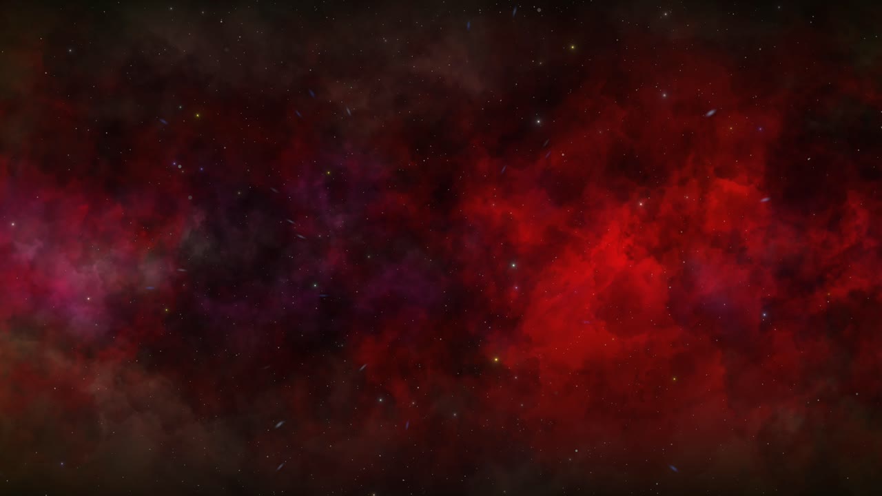 CGI universe zoom through of stars in pink red cloudy nebula in space, wide view