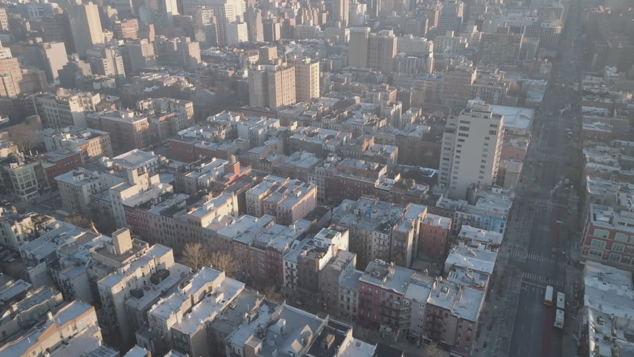 Aerial view of residential buildings in Manhattan's Alphabet City. Shot at sunrise in New York City.