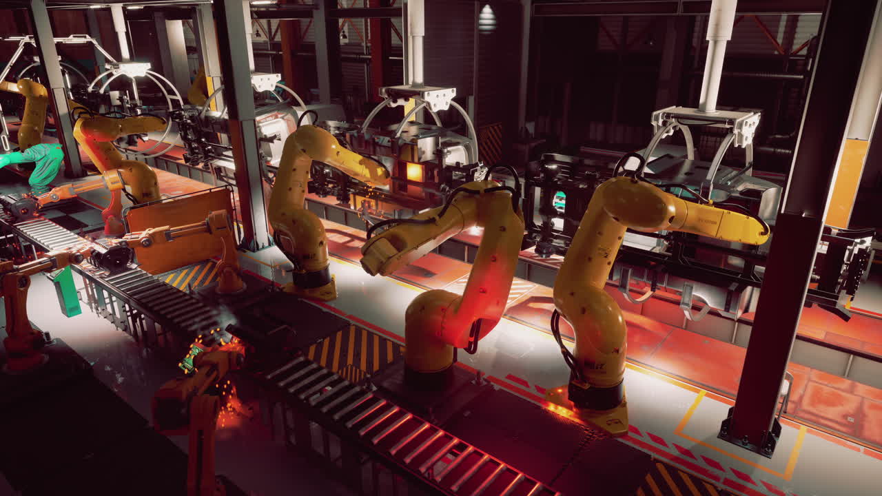 Automated conveyor belt in a factory featuring robotic arms performing tasks