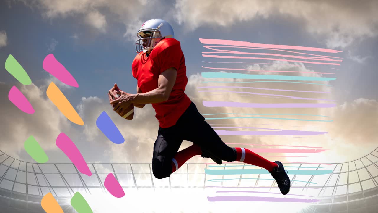 Animazione di un giocatore di football americano con la palla su uno stadio sportivo e schizzi colorati