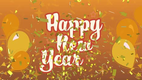 Animation-of-happy-new-year-text-in-white-with-gold-confetti-and-balloons,-on-orange-background