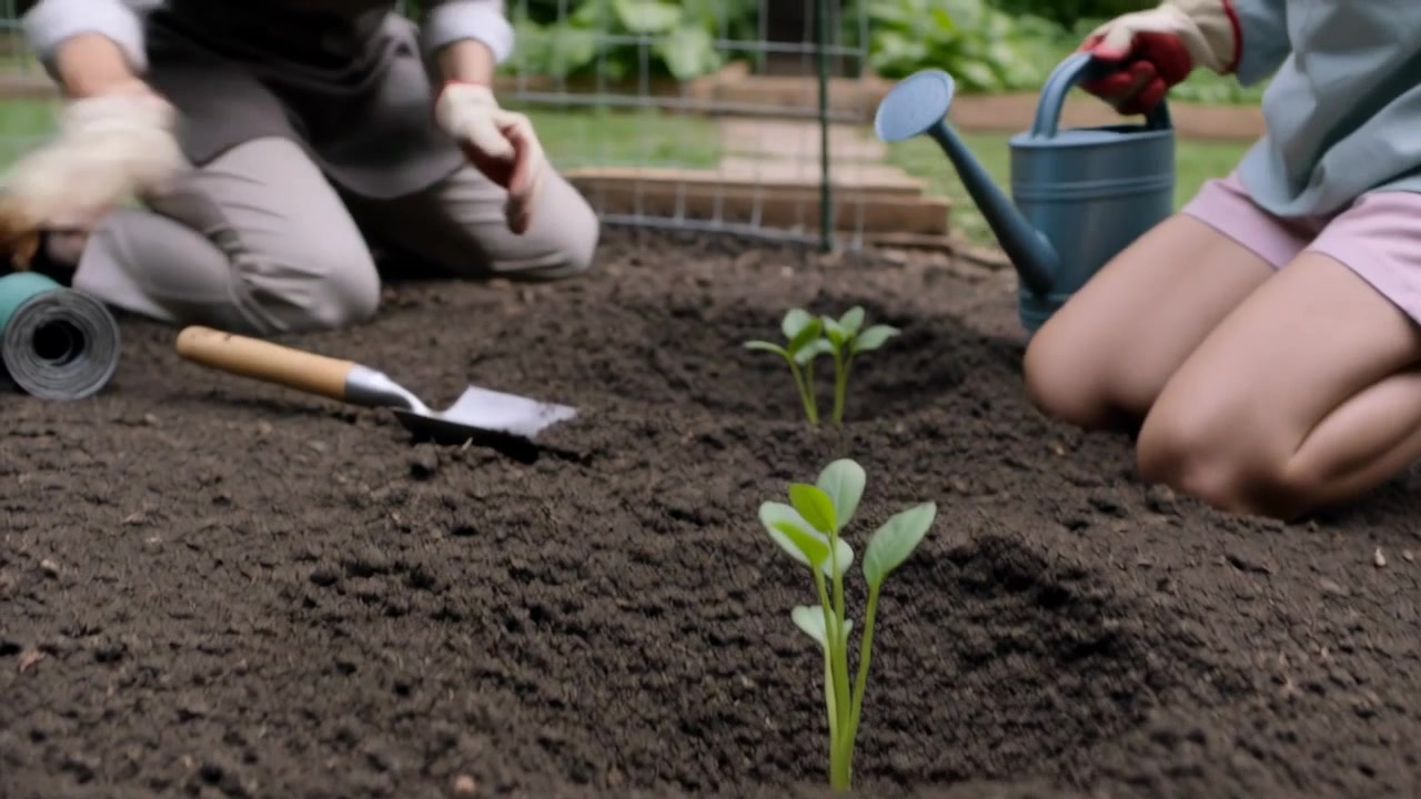 Grävande mamma i förkläde vägleder barn i rosa shorts som planterar en planta på gården och häller vatten för att få den att växa.