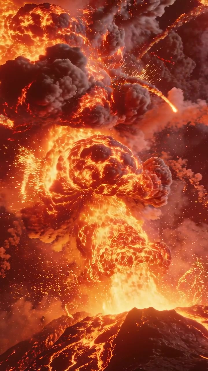 Vertikales Video: Aus Magma ausbrechend, Schlot sendet Lavastrahlen, pilzförmige Lappen und Tephra am Krater.