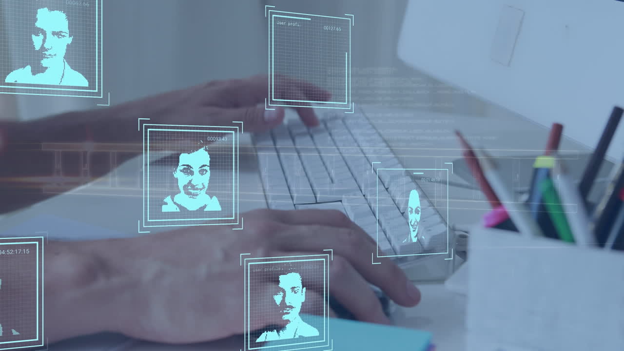 animación de múltiples iconos de perfil y procesamiento de datos en la sección media del hombre utilizando la computadora