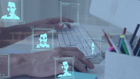 animación de múltiples iconos de perfil y procesamiento de datos en la sección media del hombre utilizando la computadora