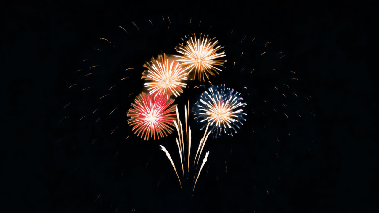 Vibrant fireworks illuminate night sky animated overlay, transparent 4K video, alpha channel, ProRes