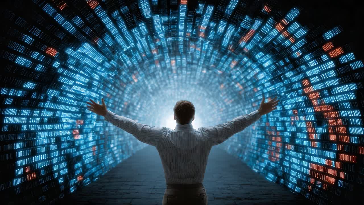 A visionary figure stands at the threshold of a digital tunnel, surrounded by cascading streams of binary code, symbolizing the intersection of technology and imagination