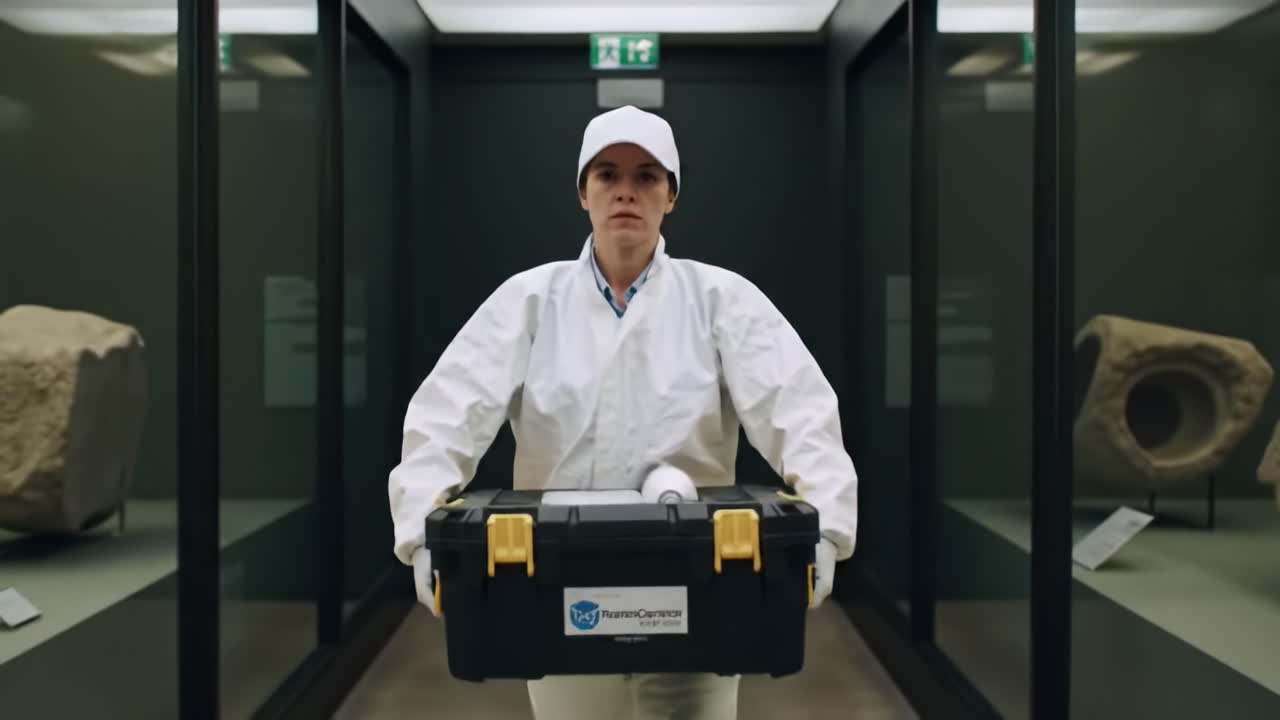 A scientist in protective gear carries a black case through a museum filled with ancient artifacts. The setting highlights the careful handling needed for historical exhibits.