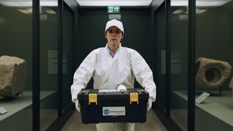 a scientist in protective gear carries a black case through a museum filled with ancient artifacts. the setting highlights the careful handling needed for historical exhibits.
