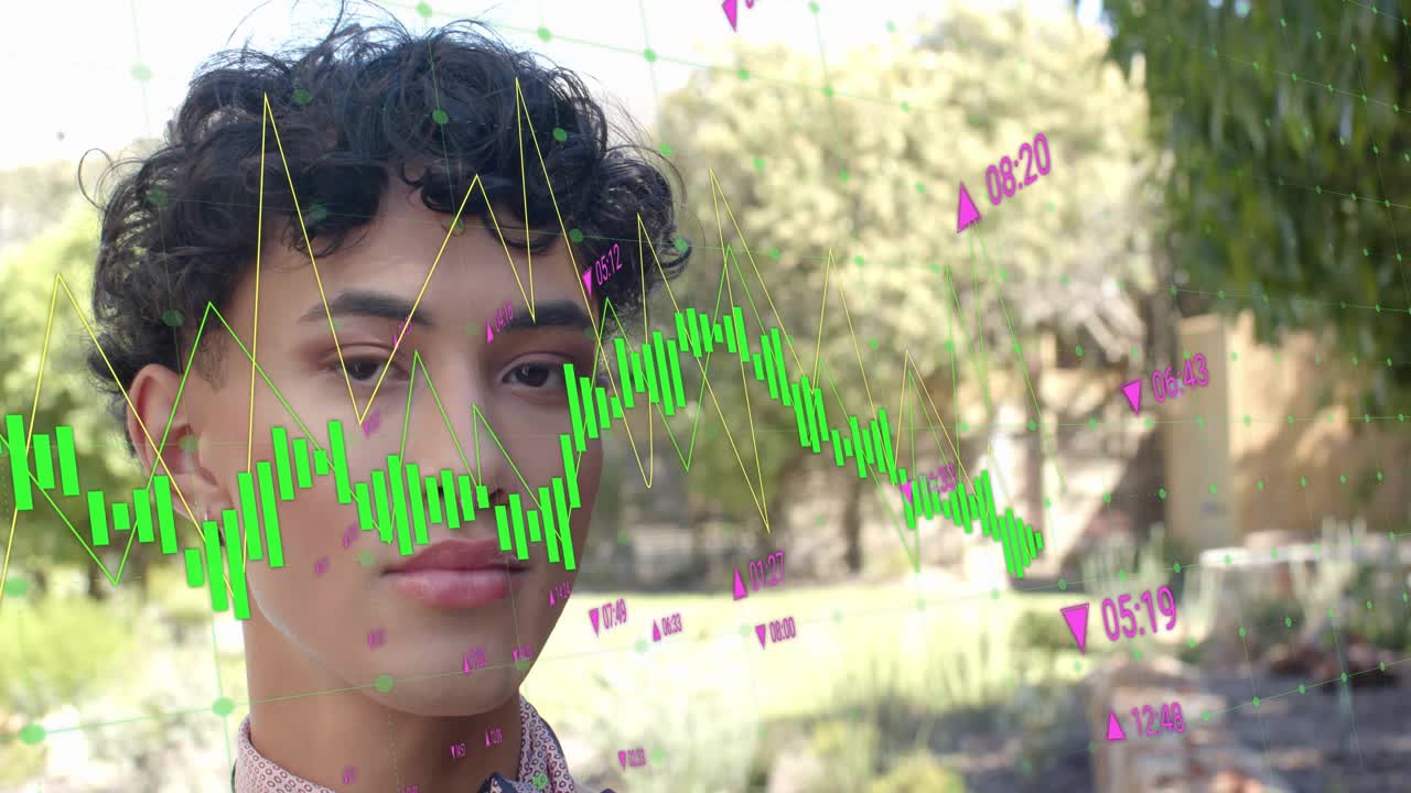 Male subject adjusting collar, scanning garden, green bars and yellow lines sweeping face for tech