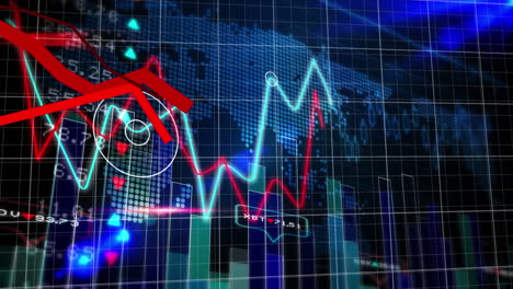 animación de líneas rojas y procesamiento de datos sobre el mapa y la cuadrícula del mundo