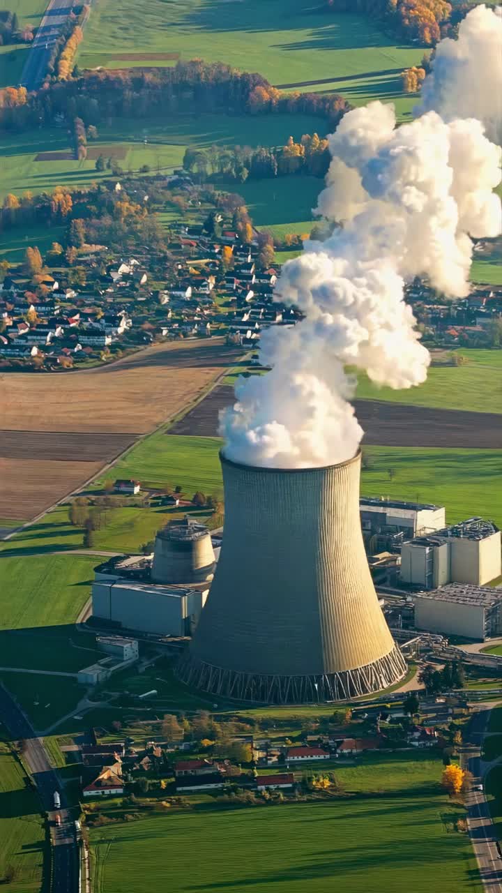Aerial view of a power plant with billowing smoke, surrounded by fields and houses