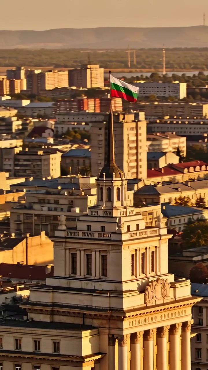 Video verticale: Telecamera in panoramica che mostra il municipio mentre la bandiera tricolore sventola per le raffiche nel centro città.