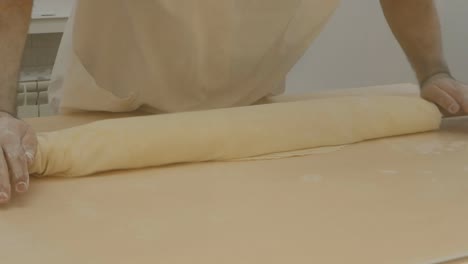 a confectioner, an arab man, rolls the layers of dough on a rolling pin and spreads them with his hand. cooking turkish baklava. national dessert preparation process