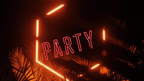 animación del texto de la fiesta sobre forma de neón y hojas sobre fondo negro