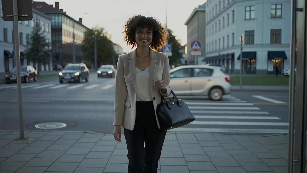 Donna in blazer beige cammina scendendo dal marciapiede al segnale, attraversa le strisce pedonali verso le porte con una borsa