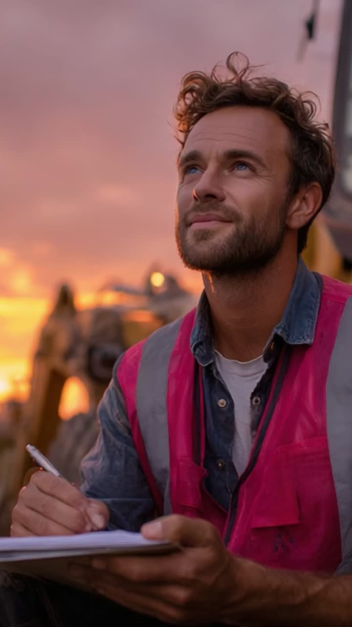 Un operaio riflessivo con un gilet rosa che rivede gli appunti al tramonto con macchinari pesanti sullo sfondo, catturando la calma prima dell'inizio di una giornata lavorativa intensa