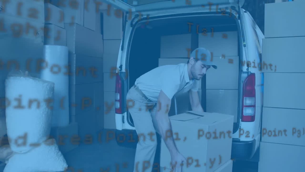 обработка данных против кавказского доставщика, складывающего коробки доставки в своем фургоне