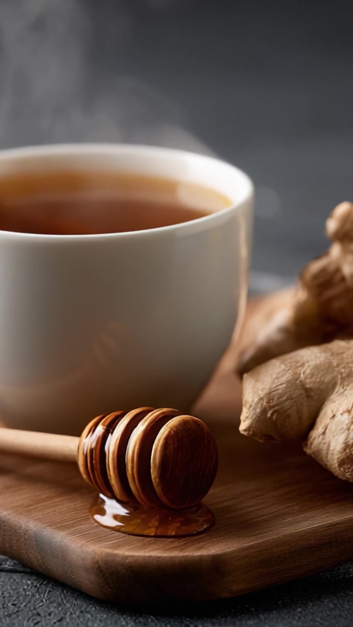 Tè allo zenzero caldo e invitante con miele: una bevanda lenitiva per il relax e il comfort ad ogni sorso.