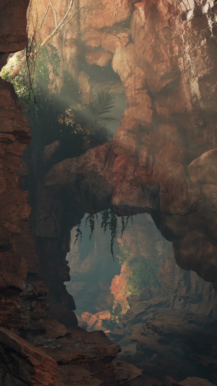 una entrada de cueva mística en un bosque exuberante