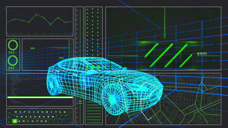 Animation-Eines-Diagramms,-Sich-ändernder-Zahlen,-Laden-Von-Kreisen-Und-Linien-Mit-Einem-3D-Modell-Eines-Autos