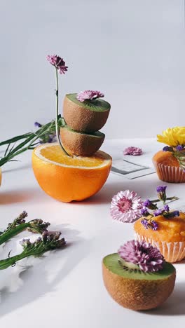 fruit and flower arrangement with cupcakes