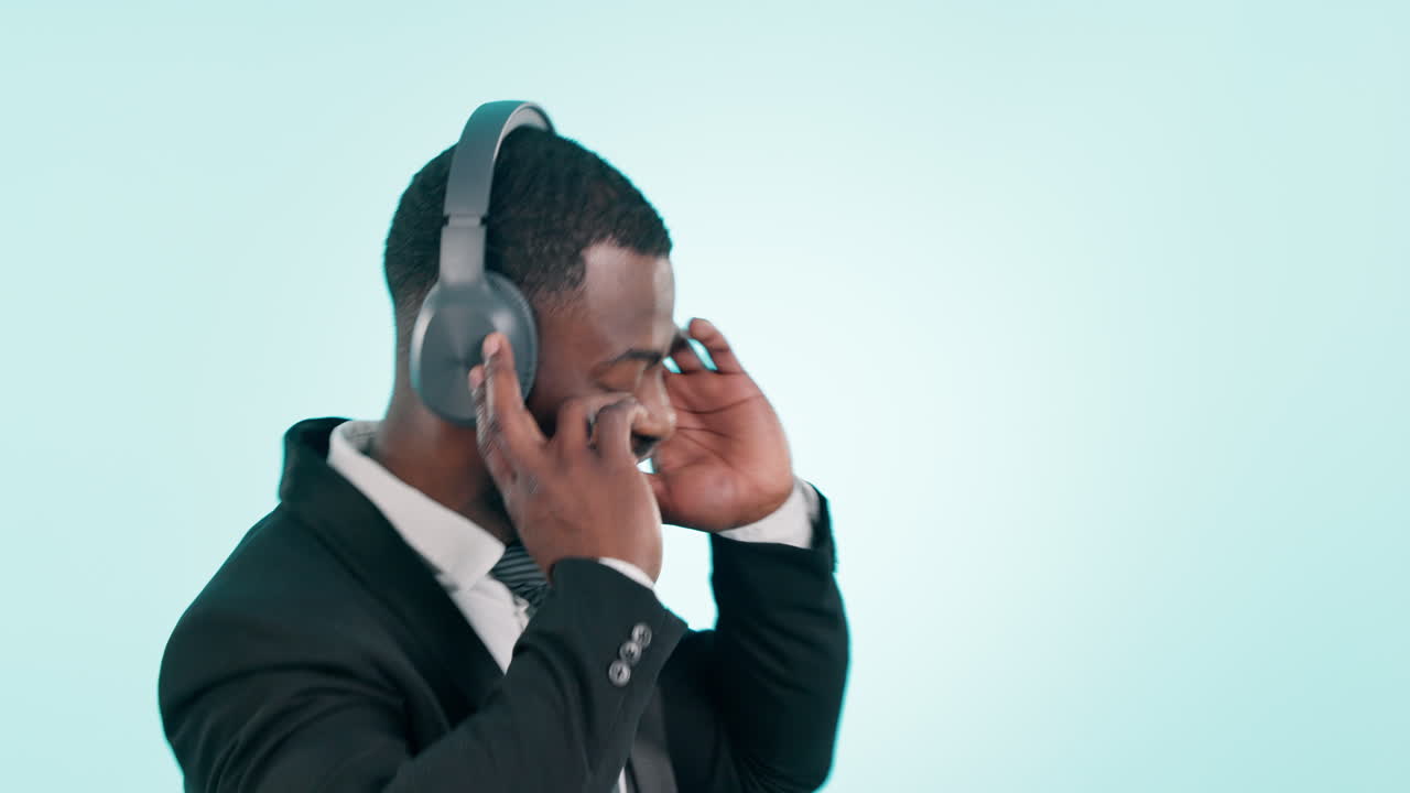 Business man, headphones and dance