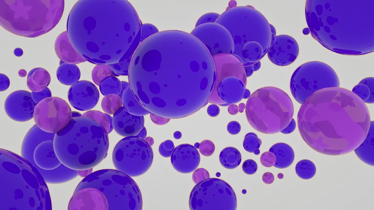 Abstract animation of purple and pink glossy spheres floating and gently colliding on a white background. Playful and dynamic motion graphics for modern concepts, science, or kids' content