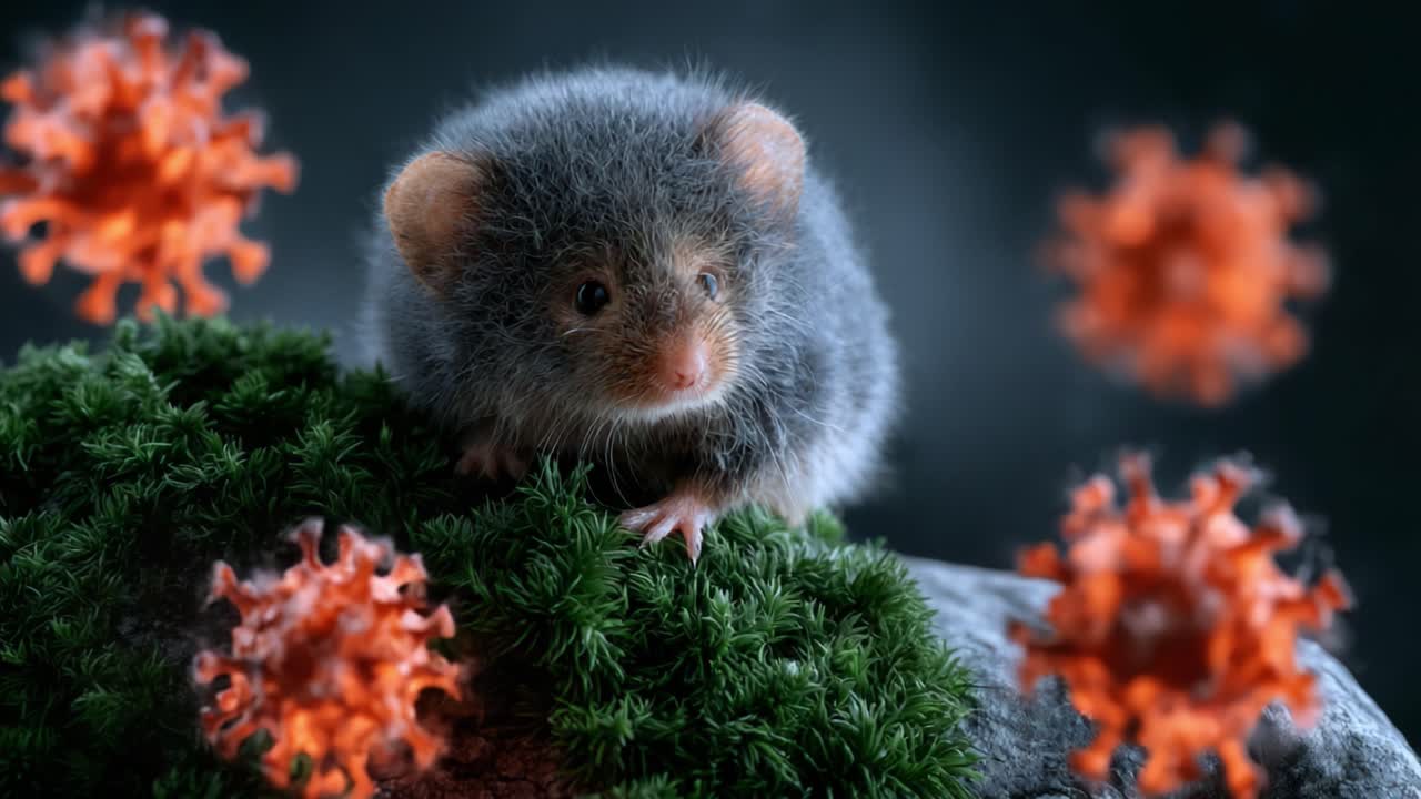 A Close-Up of a Small Fur-Bearing Creature Surrounded by Colorful Viral Particles, Capturing a Unique Perspective on Nature's Interactions in a Microbial World