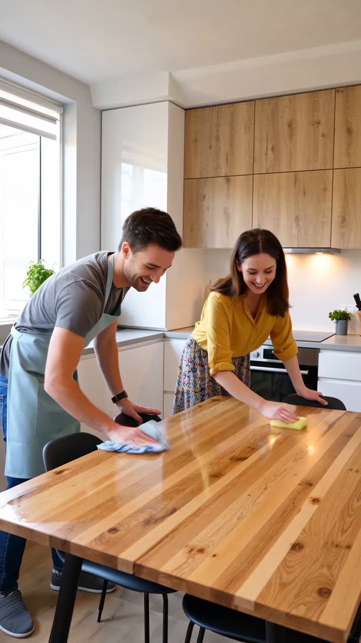 A couple cleaning a wooden kitchen table together